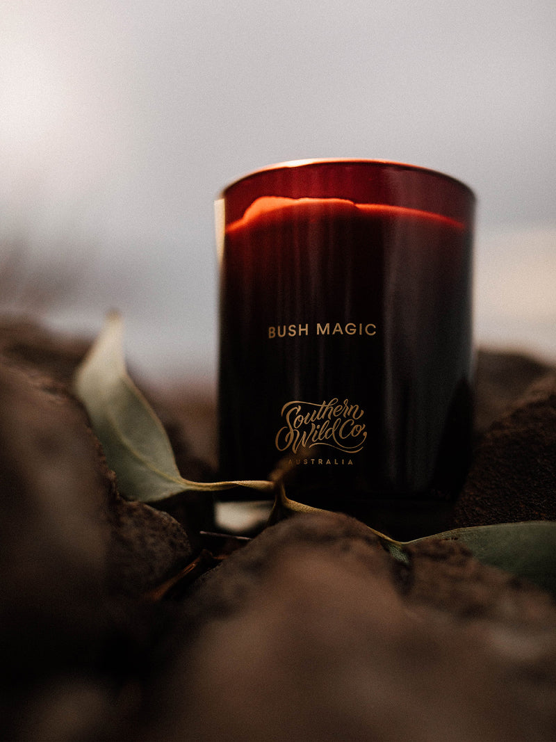 Close-up of Bush Magic votive candle resting among native stones and leaves, bathed in the fading light of the bush.