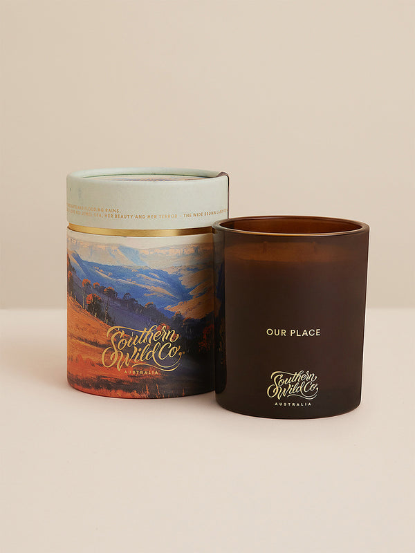 Southern Wild Co’s Our Place candle with illustrated packaging – large Australian made candle with rich bush-inspired scent and gift-ready presentation.