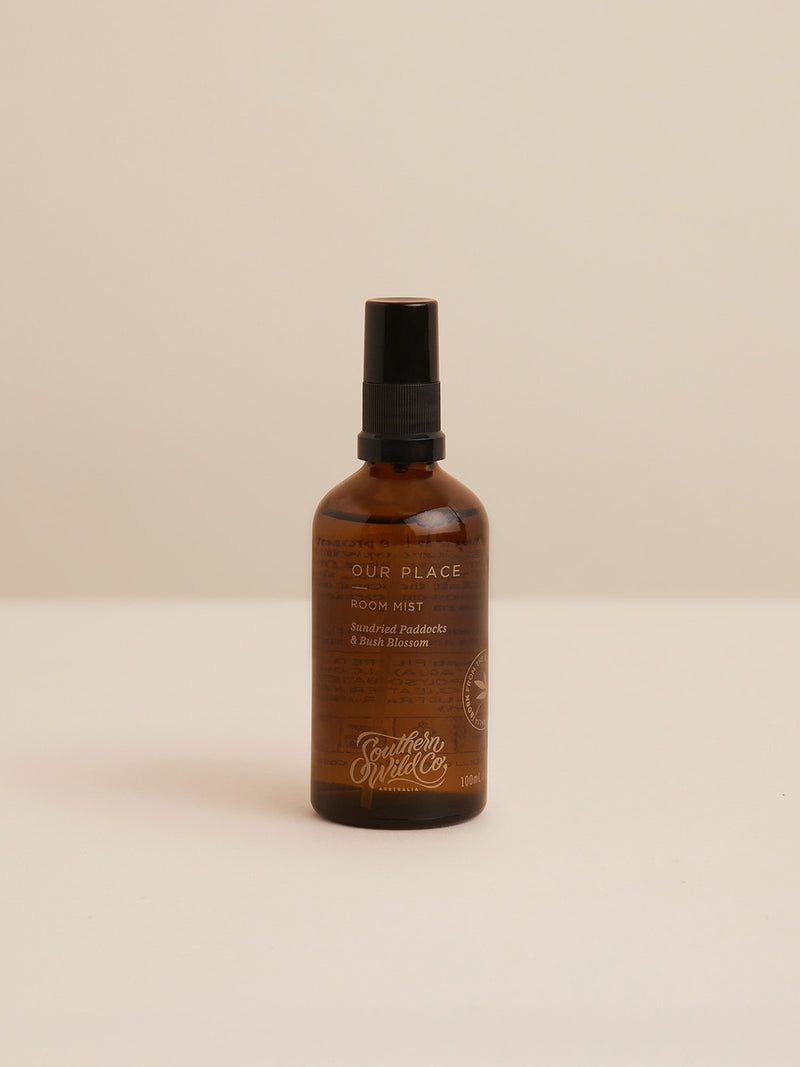 Southern Wild Co Our Place Room Mist in amber glass bottle – Australian made room spray featuring natural fragrance notes of sundried paddocks and bush blossom.