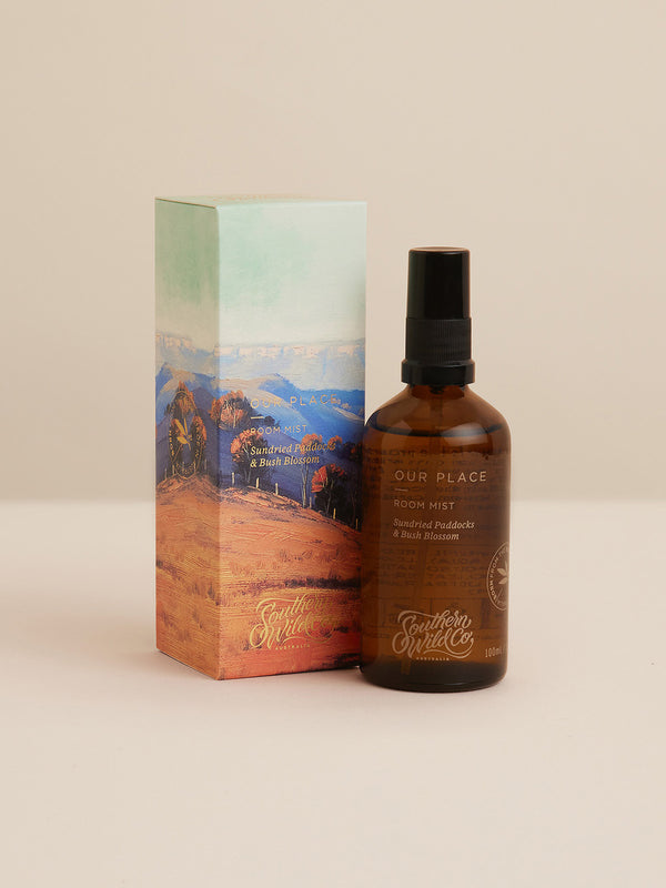 Our Place Room Mist with illustrated gift box by Southern Wild Co – handcrafted Australian room spray with botanical notes, ideal for gifting and daily ritual use.