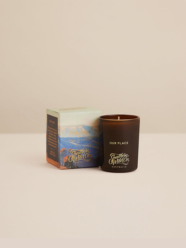 Southern Wild Co’s Our Place votive candle with illustrated gift box – natural soy wax candle made in Australia, ideal for gifting and small space rituals.
