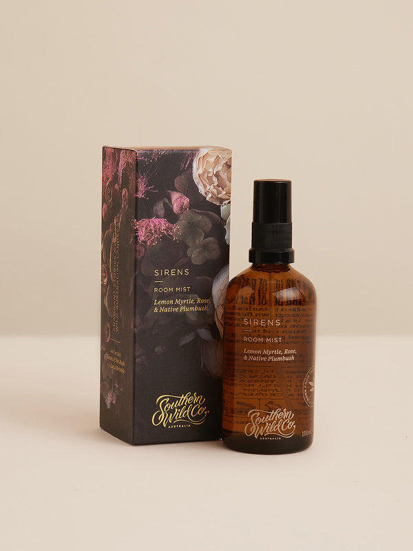 Sirens Room Mist and packaging captured in natural light, showcasing its floral, botanical blend of Lemon Myrtle, Rose and Native Plumbush.