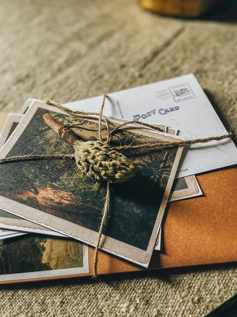 Tabletop scene with Southern Wild co postcards, essential oil and burner on a natural linen cloth.