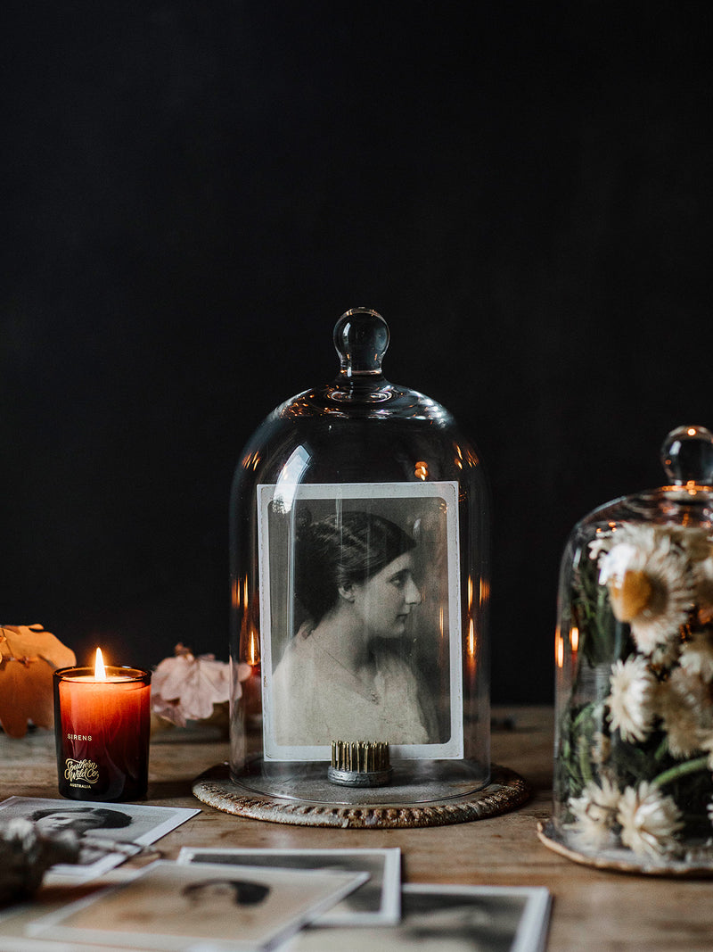 Glass dome with a Southern Wild Co vintage postcard and dried flowers on a wooden surface.