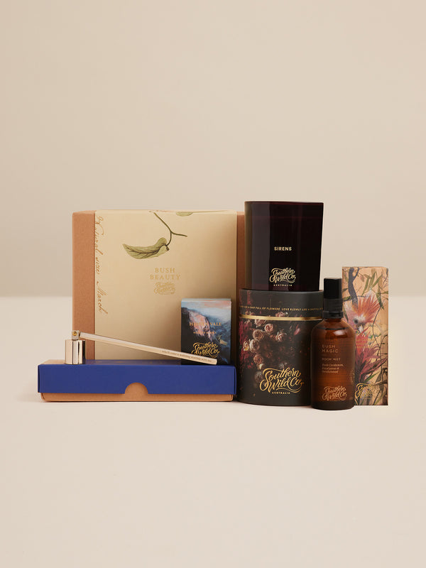 Bush Beauty gift set by Southern Wild Co with Sirens candle, Our Place room mist, Hidden Vale votive and snuffer in a native flora gift box celebrating wild Australian country gardens.