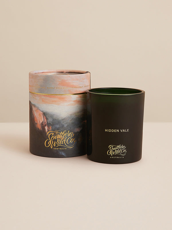 Southern Wild Co’s Hidden Vale candle with round illustrated box – natural soy wax candle made in Australia, perfect for gifting and daily scent rituals.