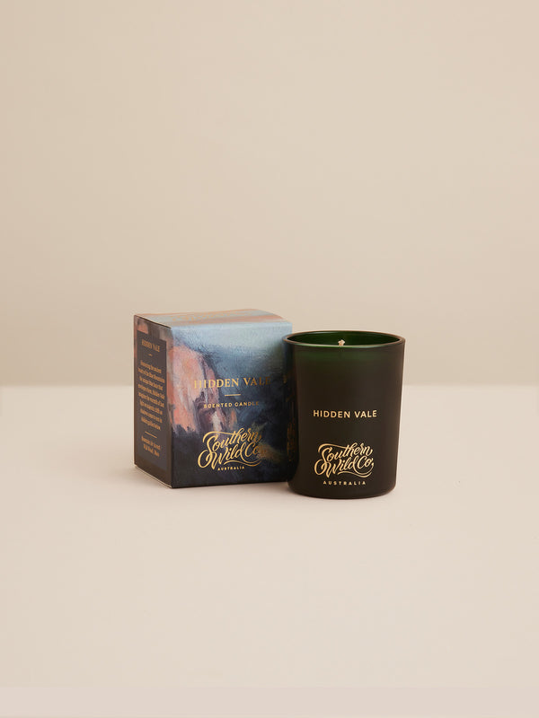 Southern Wild Co’s Hidden Vale scented soy candle with gift box on neutral background – Australian made candle with earthy packaging, perfect for gifts and mindful rituals.