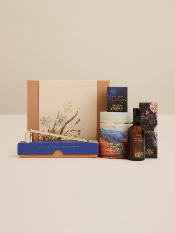 Southern Wild Co Our Place gift set featuring a candle, room mist, matches and candle snuffer in a botanical gift box inspired by the Australian bush.