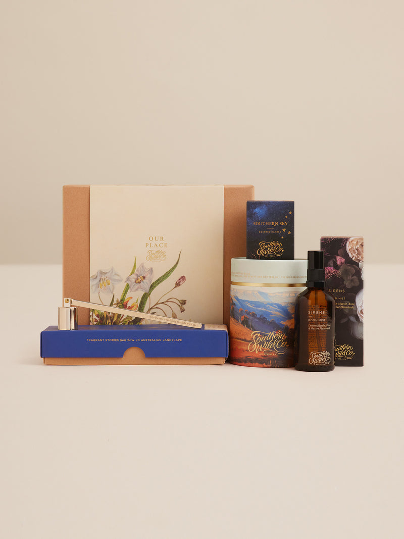 Southern Wild Co Our Place gift set featuring a candle, room mist, matches and candle snuffer in a botanical gift box inspired by the Australian bush.