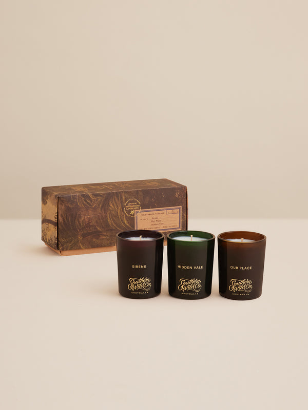 Southern Wild Co Wild Garden gift set featuring Sirens, Hidden Vale, and Our Place votive candles in coloured glass.