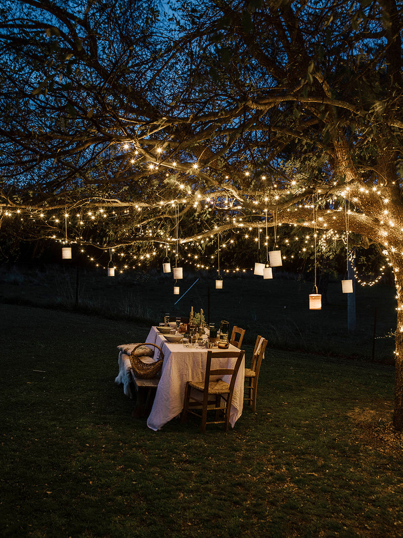 Dining table set under fairy lights and Southern Wild Co candles hanging from trees at night
