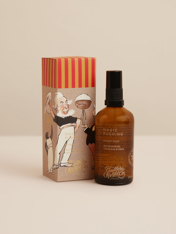 Magic Pudding room mist with illustrated box featuring classic characters from Norman Lindsay’s tale — a cheerful, citrus-spiced mist capturing the magic of bush storytelling.