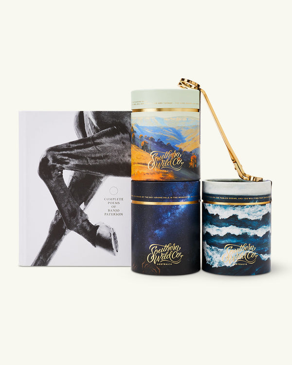 Three Australian scented candles, poems of Banjo Paterson and a gold wick trimmer